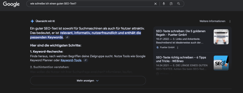 Google Suche KI Ergebnis